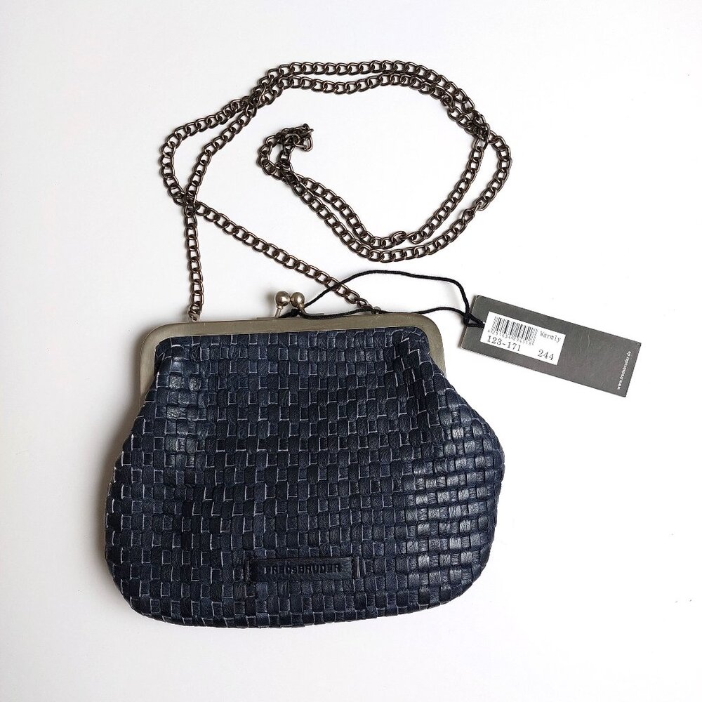 FredsBruder Woven Navy Leather Frame Crossbody Bag Purse Kiss Lock New with Tags